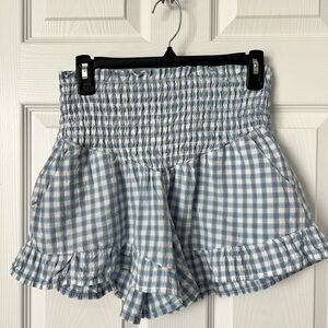 Sincerely Jules Blue Gingham High-Waist Smocked Shorts
